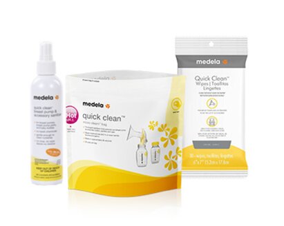 The Medela Quick Clean™ Spray, Wipes and sterilizing Microwave bags.