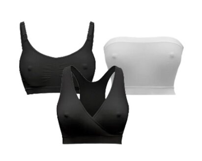 Black Medela Keep Cool Sleep Bra, Black Medela Comfy Bra, White Medela No Pressure Band Bra