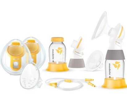 Medela breast pump parts: Hands-free collection cups, classic breast shields, collection containers, stands and tubing.