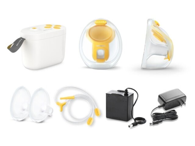 Medela Pump In Style double electric breast pump shown with Hands-free collection cups, extra breast shields, tubing, battery pack and charger