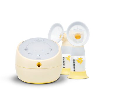 Medela Sonata® Smart double electric breast pump shown with breast shields, collection containers