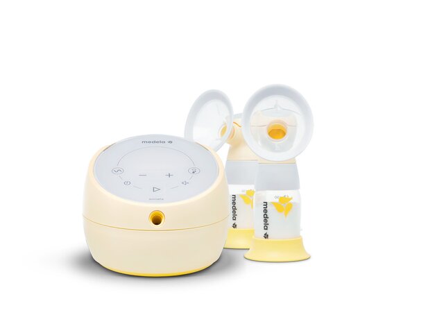 Medela Sonata® Smart double electric breast pump shown with breast shields, collection containers