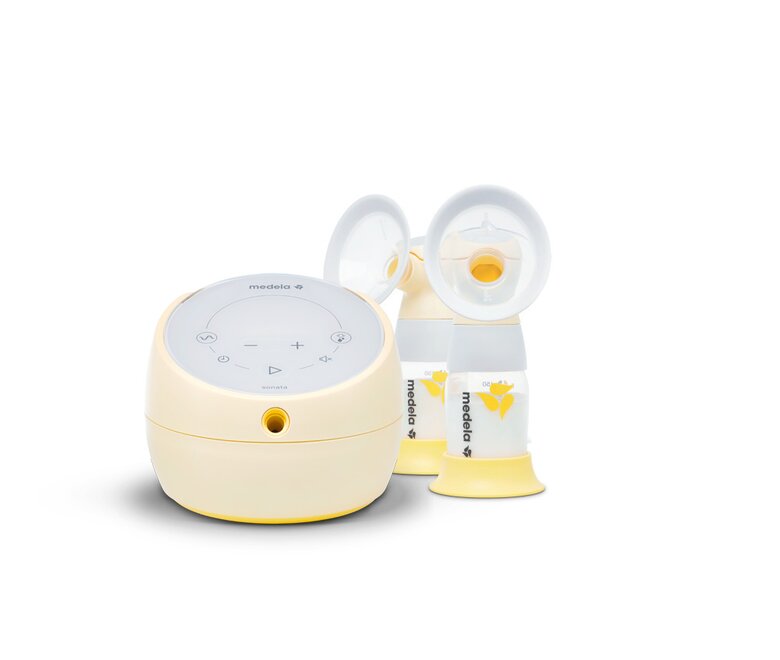 Medela Sonata® Smart double electric breast pump shown with breast shields, collection containers