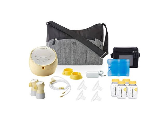 Medela Sonata® Smart double electric breast pump shown with pump bag, cooler, ice pack, storage containers, breast shields, tubing, container stands, charger