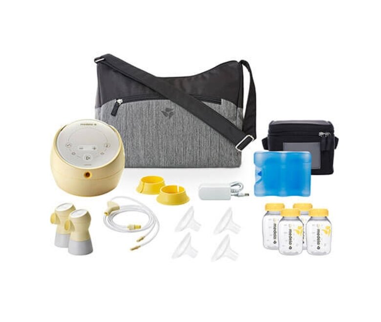 Medela Sonata® Smart double electric breast pump shown with pump bag, cooler, ice pack, storage containers, breast shields, tubing, container stands, charger