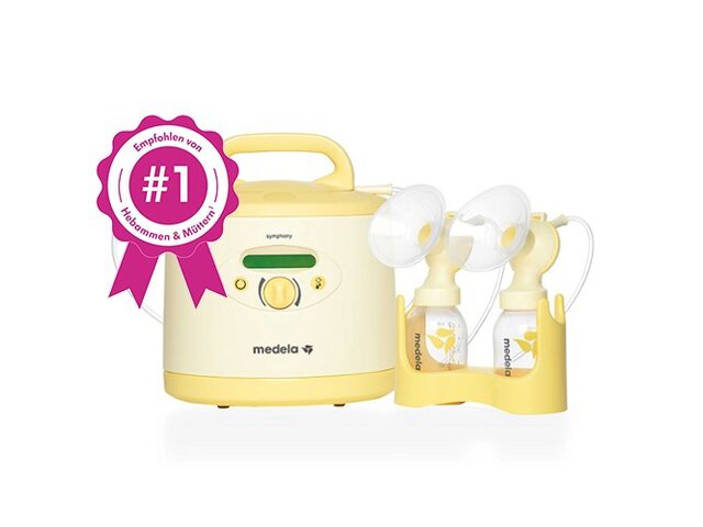 Eine Medela Symphony PLUS® Milchpumpe und ein Abpumpset mit rosa Anstecker: „Die #1 Miet-Milchpumpe".