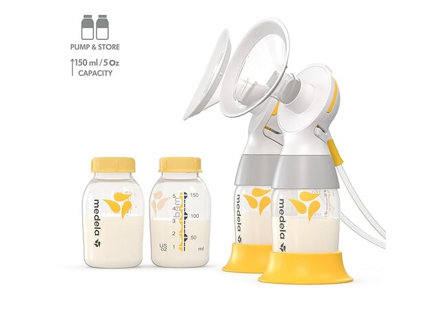 Medela Classic PersonalFit™ Flex double breast pump set with 2 extra storage bottles - Image text reads "Pump & Store 150ml /5oz Capacity"