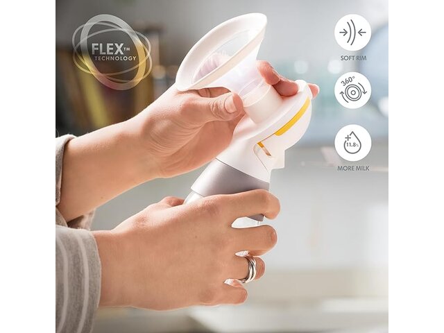 A person's hands demonstrate how to attach and remove the Medela PersonalFit Flex™ breast shield. Image text: "Flex™ Technology™, "Soft Rim", "360°", "More Milk".