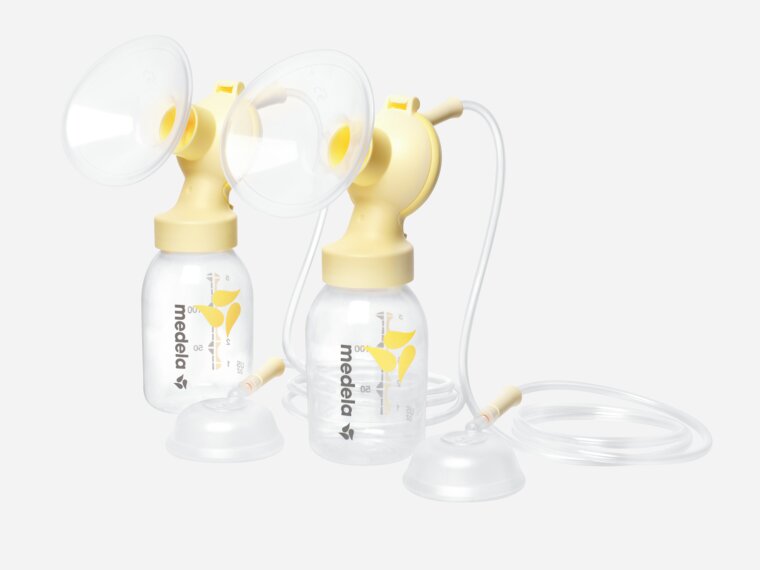 Medela Symphony® Doppelpumpenset, gewinkelt links mit Schlauch und Verschlusskappen