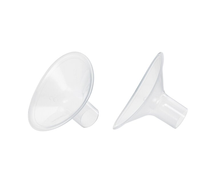 Protectores para o peito Medela PersonalFit™ PLUS, vista frontal e lateral em ângulo