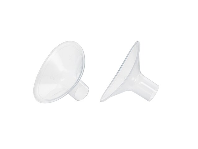 Medela PersonalFit™ PLUS breast shields, angled front and side views