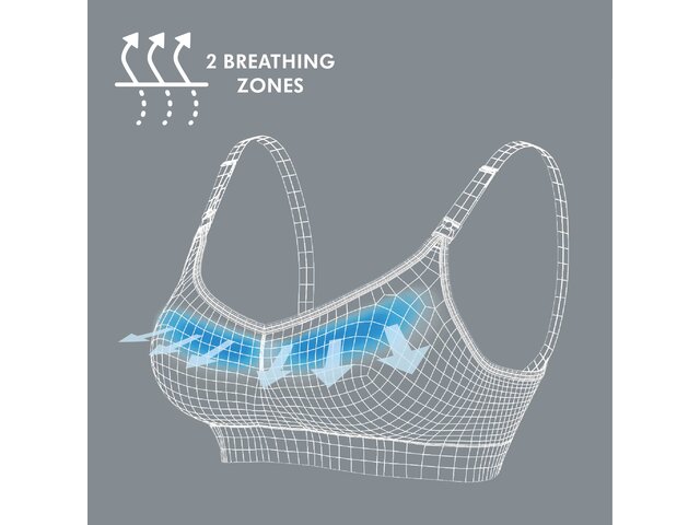 Computer image of the Medela Keep Cool™ Bra with text, "2 Breathing Zones"