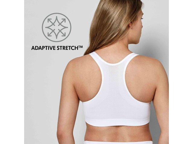 Soutien-gorge de nuit blanc Medela Keep Cool™, vue de dos avec le texte « Adaptive Stretch »