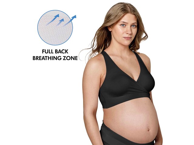 Medela Keep Cool™ Sleep Bra Black front view with text, "Full back breathing zone"