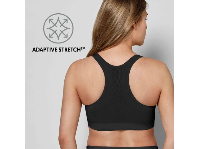 Medela Keep Cool™ Sleep Bra Black back view with text, "Adaptive Stretch"