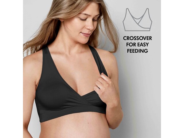 Medela Keep Cool™ Sleep Bra Black front view with text, "Crossover for easy feeding"