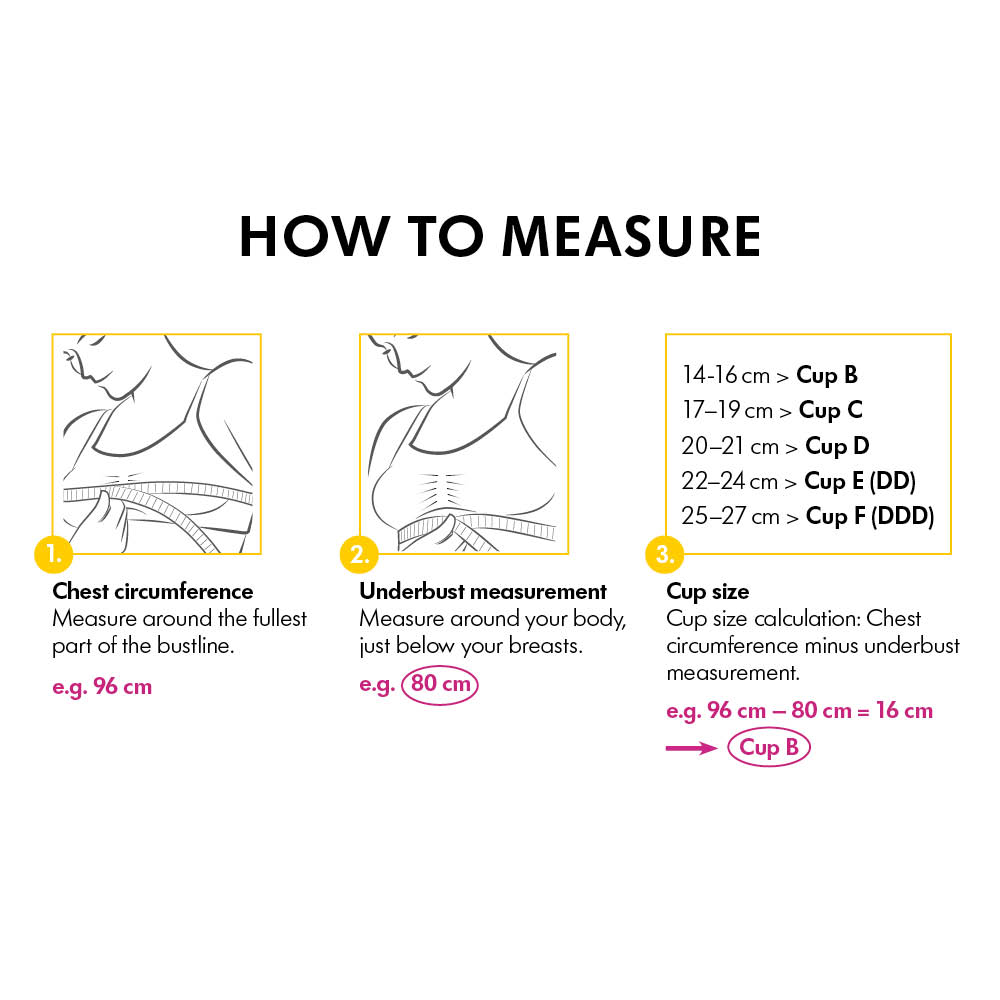 Maternity & Pumping Bras Diagram showing how to measure yourself for a Medela bra size for the Medela No Pressure Band™ Bra