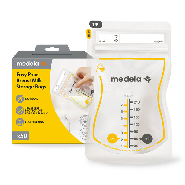 Easy Pour Breast Milk Storage Bags Retail packaging for Medela Easy Pour Breast Milk Storage Bags, 50 count | No Leaks, BPA free