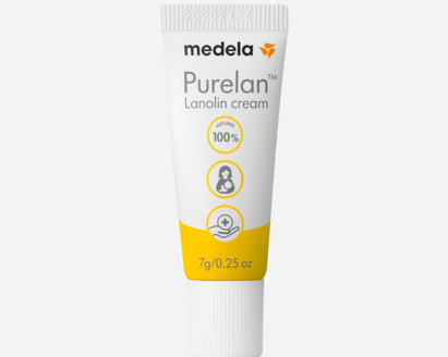 Een 7g Purelan™ lanolinecrème van Medela in reisformaat.