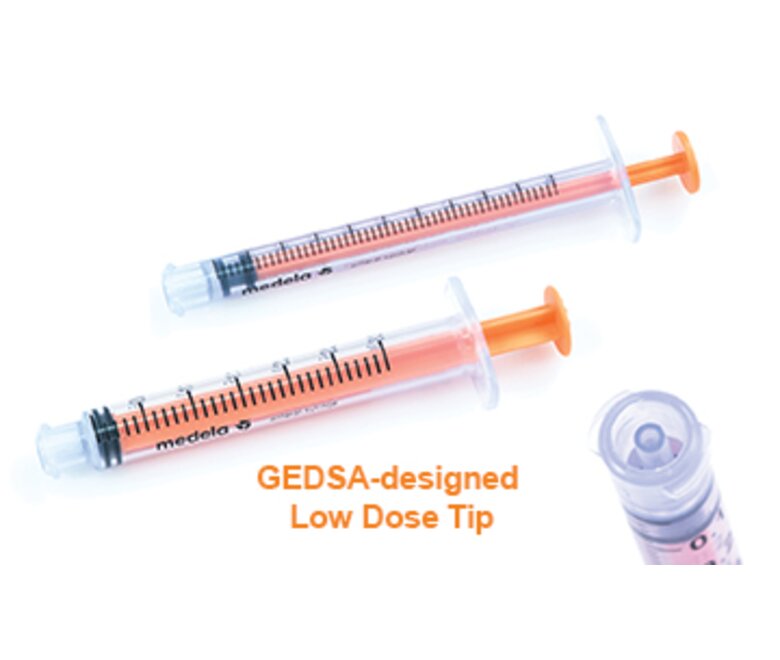 Two Medela ENFit syringes with GEDSA-designed Low Dose Tips, one 1mL and one 3mL.