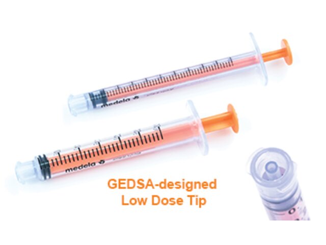 Two Medela ENFit syringes with GEDSA-designed Low Dose Tips, one 1mL and one 3mL.