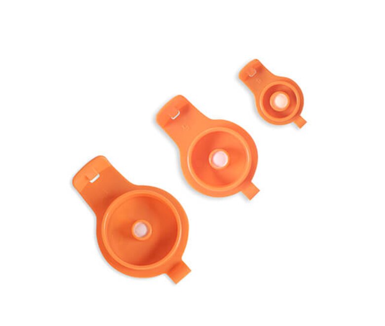 Three different sizes of Medela TwistLok® GraviFeed® Syringe Lids, 10 mL, 30mL and 60mL.