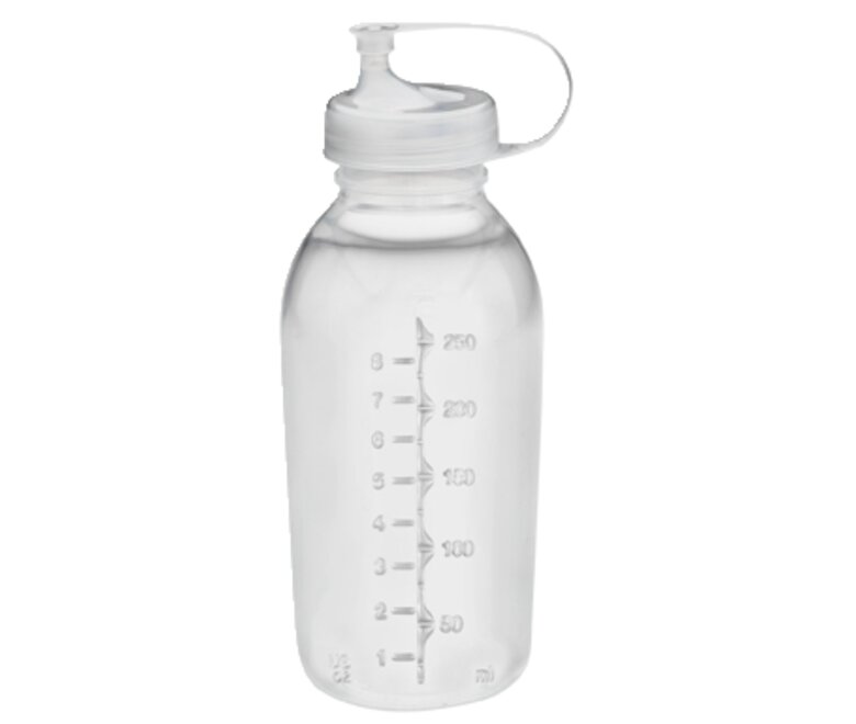 The Medela 250 ml Breast milk bulk preparation system, colorless and BPA-free, includes a storage bottle with a transfer lid.