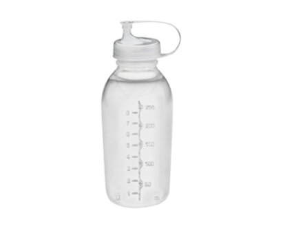 The Medela 250 ml Breast milk bulk preparation system, colorless and BPA-free, includes a storage bottle with a transfer lid.