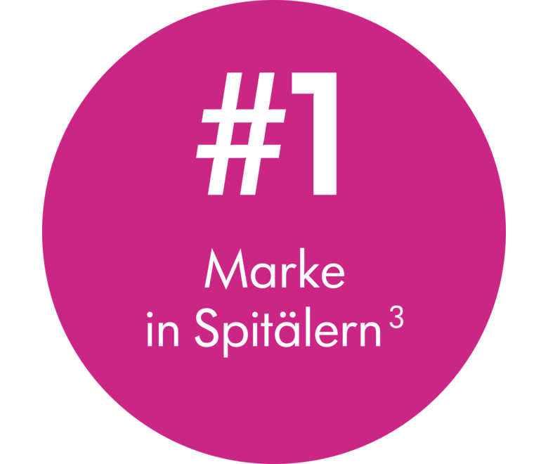 Runder rosa Punkt mit dem Text „ #1 Marke in Spitälern
