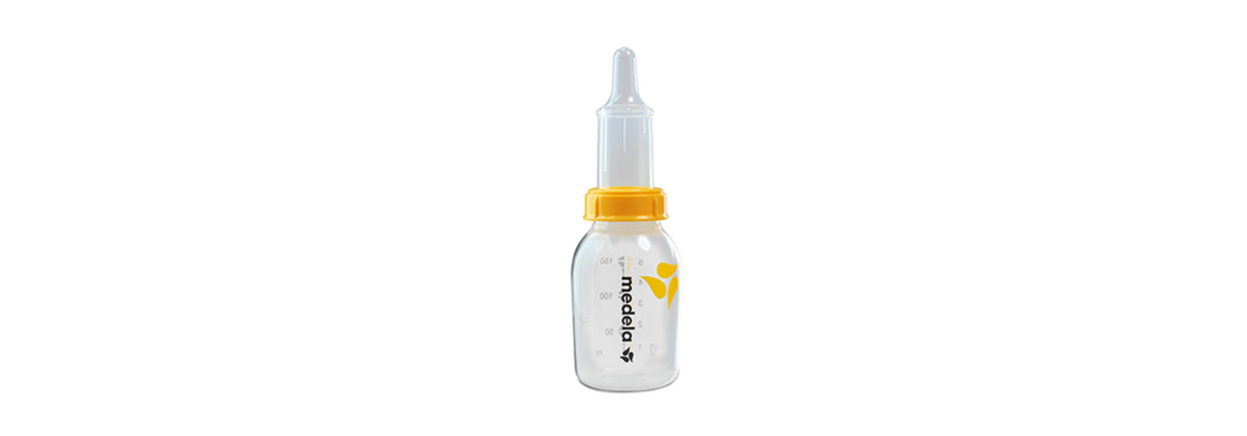 Een herbruikbare Medela SpecialNeeds™-voedingsspeen bevestigd aan een Medela bewaarfles voor moedermelk.