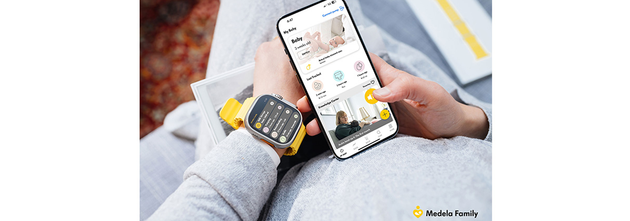 Medela Family App with a smart watch. The image contains the Medela logo.