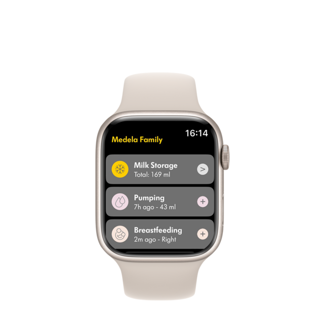 Medela Family App on a smart watch. The image contains the Medela logo.