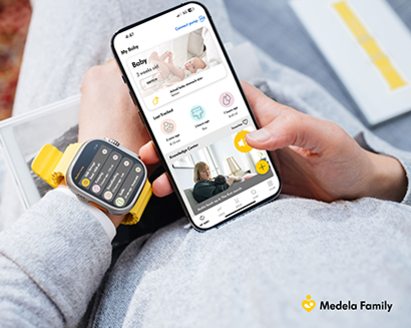 Medela Family App with a smart watch. The image contains the Medela logo.