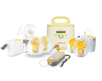 A group photo of the Medela breast pumps for personal use: Pump In Style® with MaxFlow Double Electric, Freestyle™ Hands-free, Symphony PLUS® and the Pump In Style Hands-free electric double breast pump.