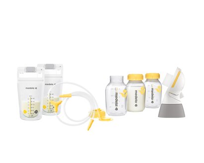 A grouping of Medela accessories; Easy Pour Breast Milk Storage Bags, replacement tubing, a PersonalFit Flex™ connector and Breast milk storage bottles.