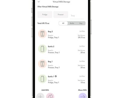 Photo of the Medela Family App on the virtual milk storage screen