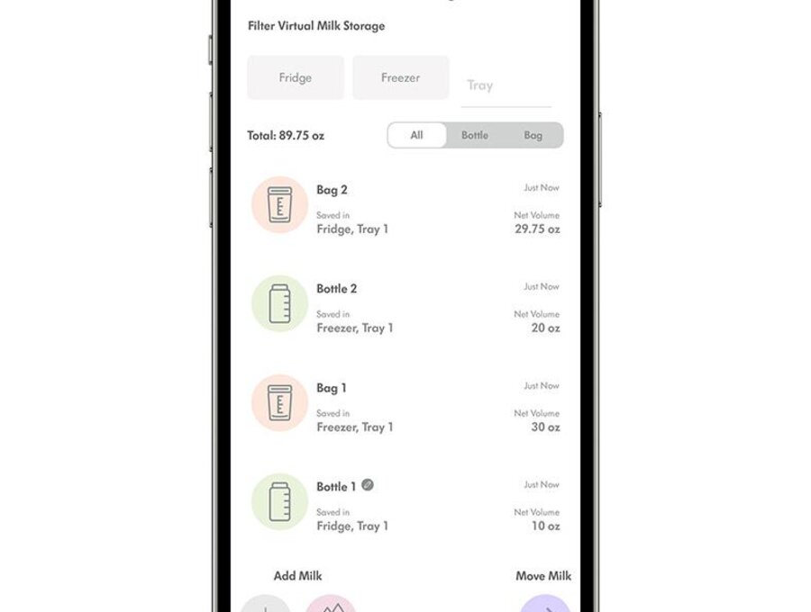 Foto van de Medela Family App op het scherm voor virtuele melkopslag