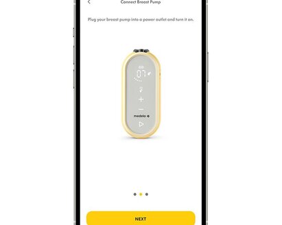 Mobile phone screen open to Medela Family App on the pump pairing screen.