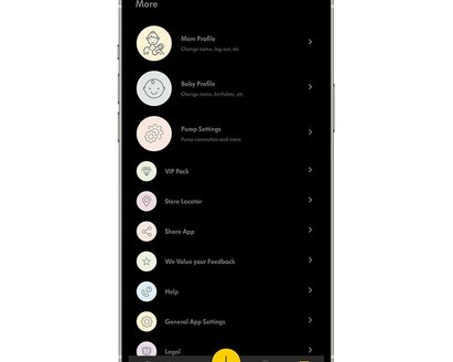 A screenshot from the Medela Family App, More menu. Drills down to user profile, settings and administrative tasks.