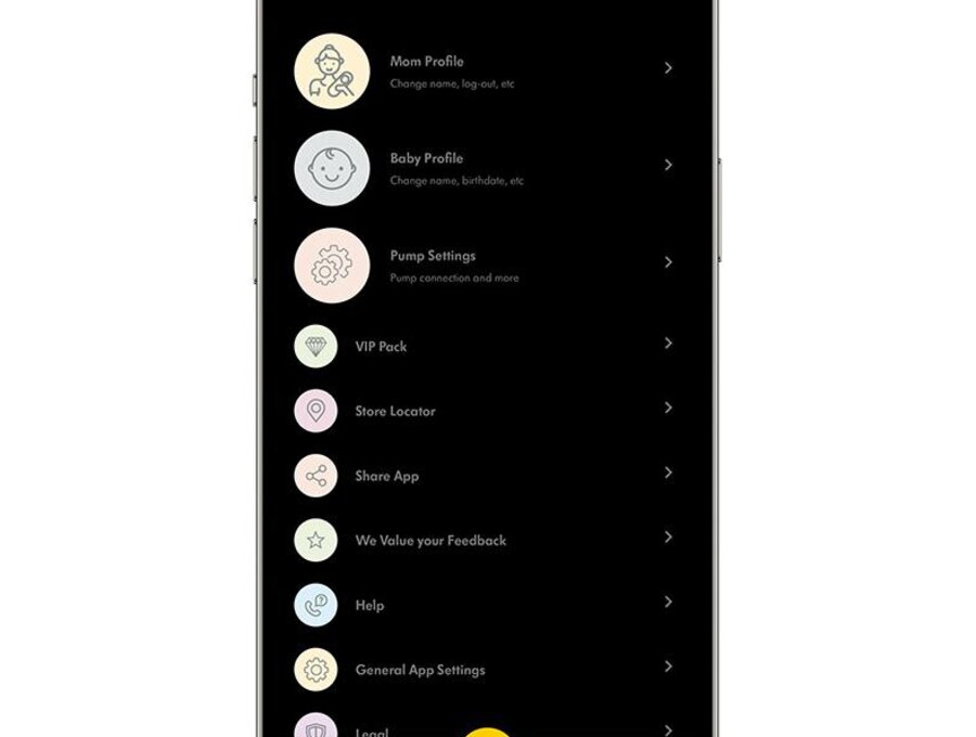 Een screenshot van de Medela Family App, menu Meer. Ga naar beneden naar gebruikersprofiel, instellingen en administratieve taken.