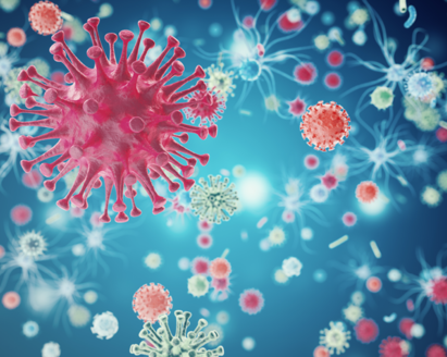 A pink, blue and white illustration of the corona virus.