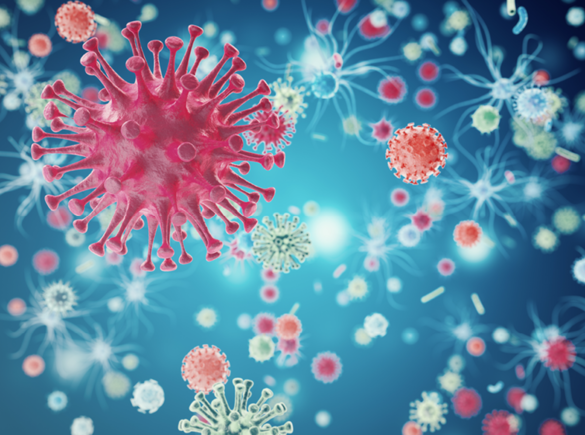 Een roze, blauwe en witte illustratie van het coronavirus.