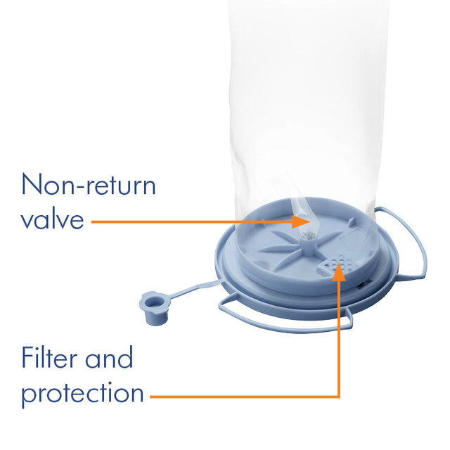 Medela disposable suction liner with lid and text, "Non-return valve" and "Filter and protection".