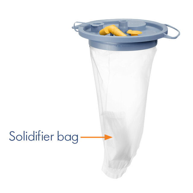 A 1500cc suction liner with Solidifier bag inside and a canister lid for use with the Disposable Collection System (DCS). Arrow to and text, “Solidifer bag".