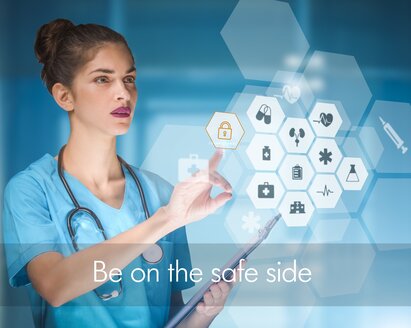 A female healthcare professional taps on symbols with the text “Be on the safe side”.