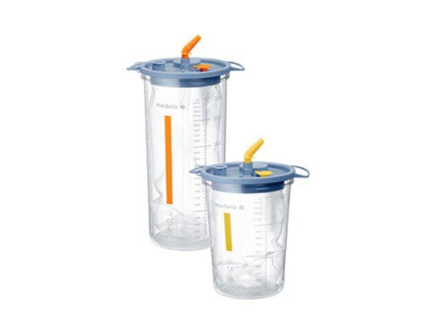 The Medela Disposable Collection System (DCS) suction jar, yellow for 1500cc and orange for 2500cc, for use with surgical pumps.