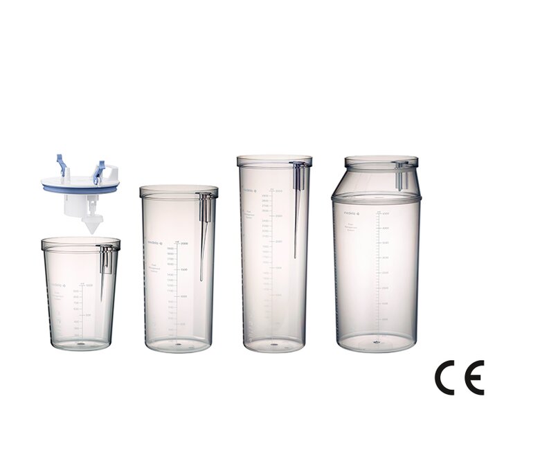 Cuatro tarros de succión Medela Reusable Collection (RCS) de diferentes tamaños con tapa.