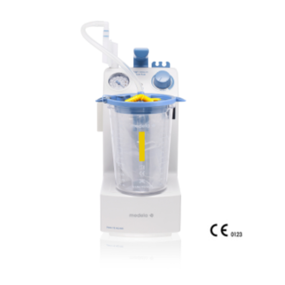 Een Medela Vario 18 AC/DC afzuigpomp met een wegwerp afzuigkolf van 1,5 liter.