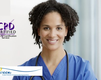 A female healthcare professional with two different logos. One for “CPD Certified”, The CPD Certification Service.  A second for “EfCCNa”, the European federation of Critical Care associations.