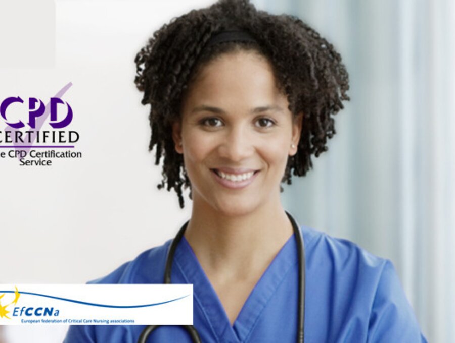 Een vrouwelijke professional in de gezondheidszorg met twee verschillende logo's. Eén voor “CPD Certified”, de CPD-certificeringsdienst.  Een tweede voor “EfCCNa”, de Europese federatie van Critical Care verenigingen.